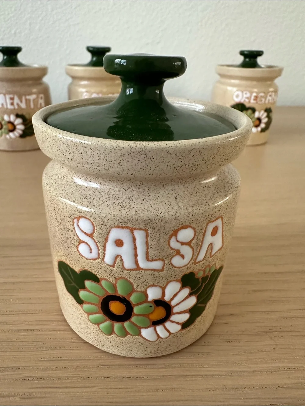 Set of 4 Vintage Ceramic Spice Jars with Green Lids